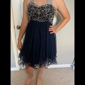 Blondie Nites navy blue homecoming strapless dress